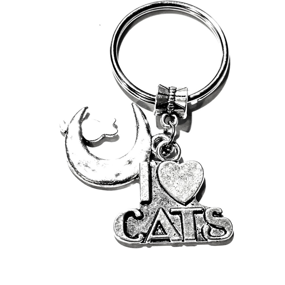 Silver Cat on the Moon Keychain